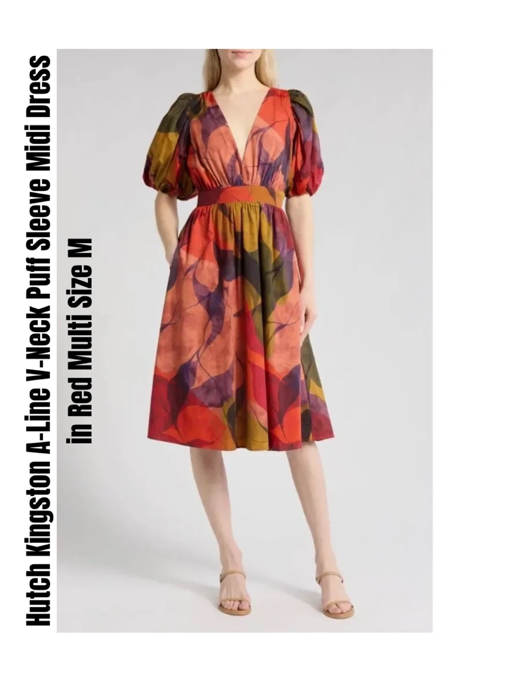 Hutch Kingston A-Line V-Neck Puff Sleeve Midi Dress in Red Multi Size M